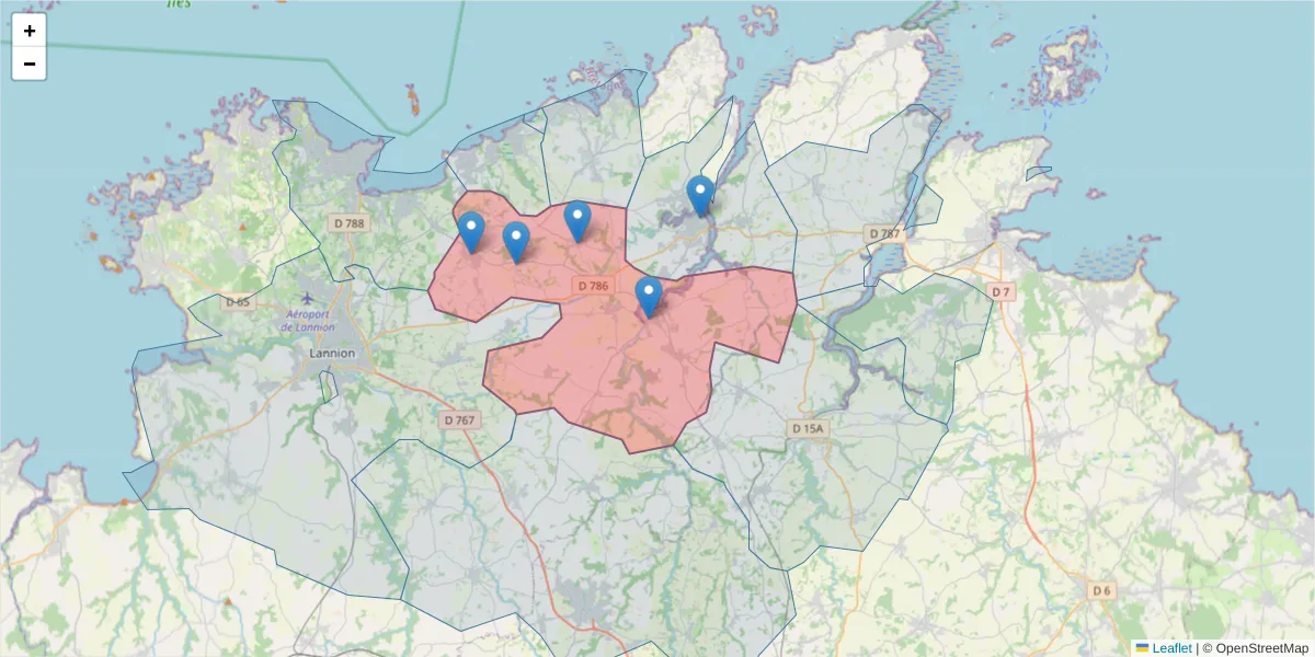 Carte de la zone du code postal  et des codes postaux voisins en France