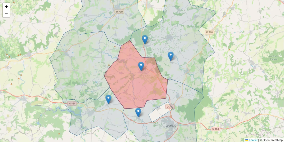 Carte de la zone du code postal  et des codes postaux voisins en France