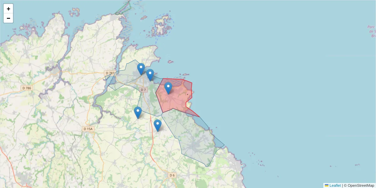 Carte de la zone du code postal  et des codes postaux voisins en France