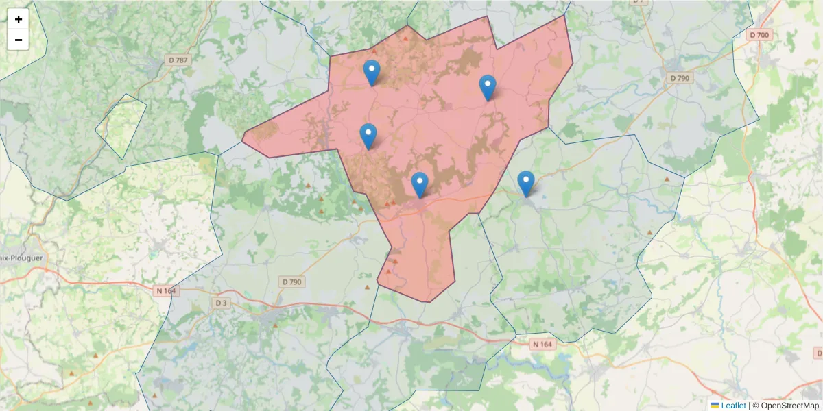 Carte de la zone du code postal  et des codes postaux voisins en France