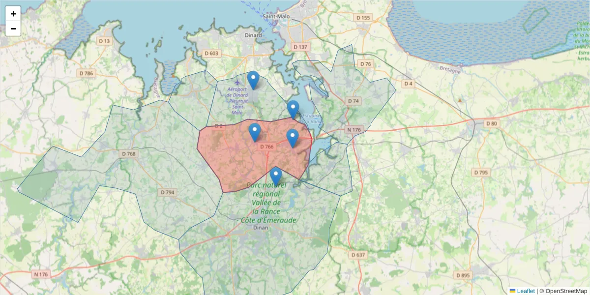 Carte de la zone du code postal  et des codes postaux voisins en France