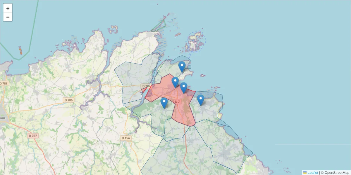 Carte de la zone du code postal  et des codes postaux voisins en France