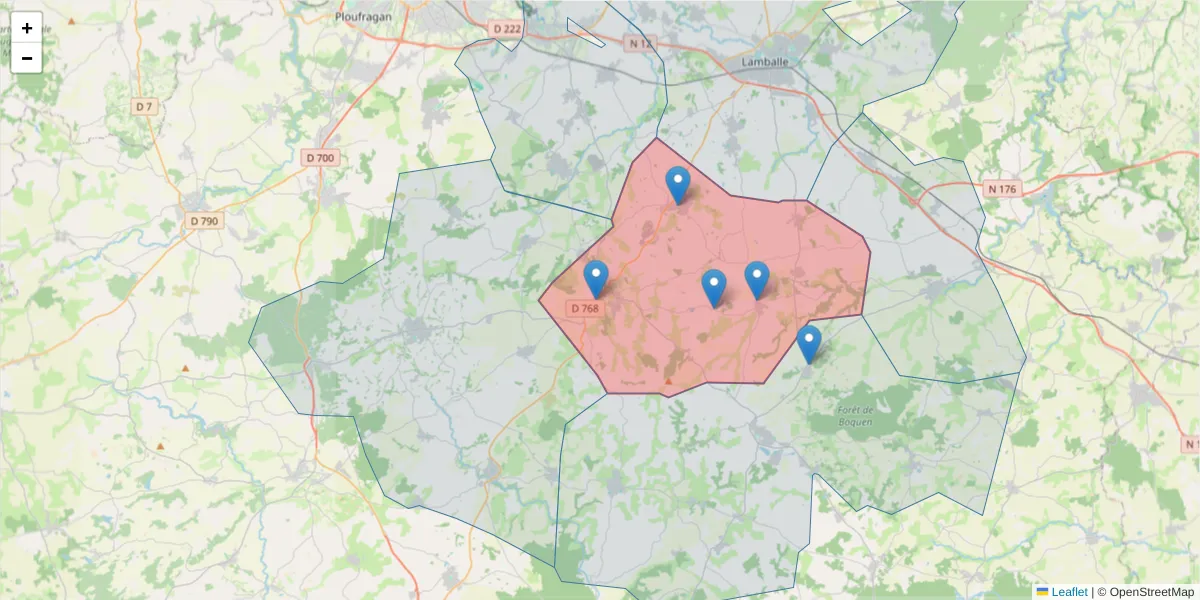 Carte de la zone du code postal  et des codes postaux voisins en France