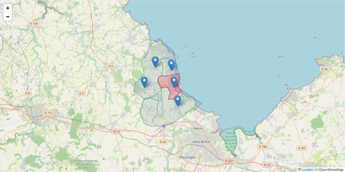 Carte de la zone du code postal  et des codes postaux voisins en France