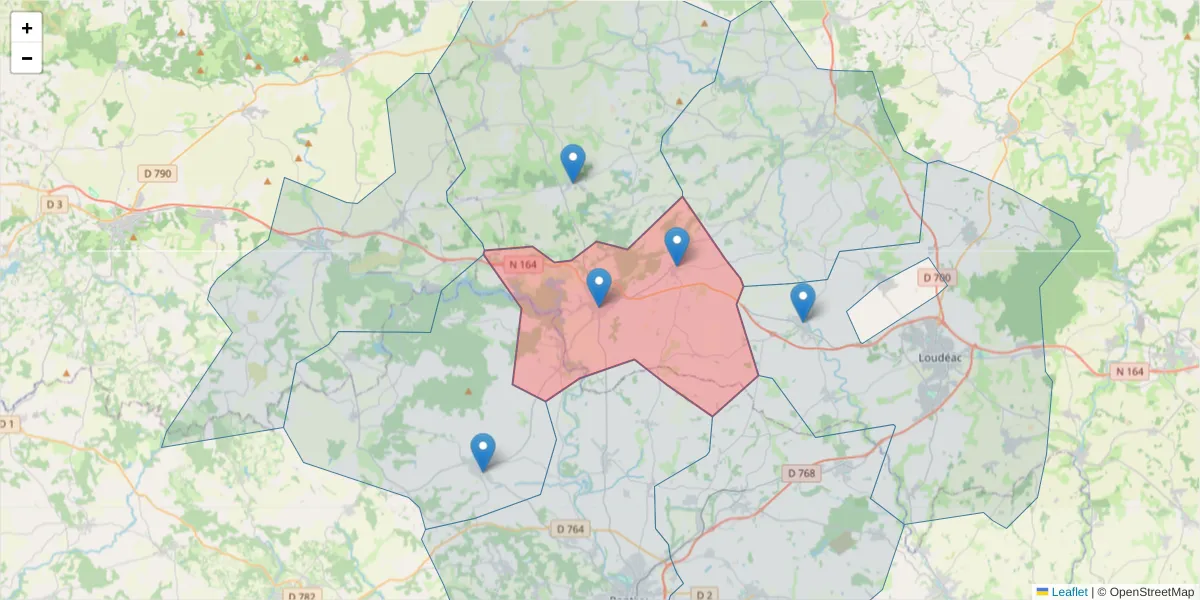 Carte de la zone du code postal  et des codes postaux voisins en France