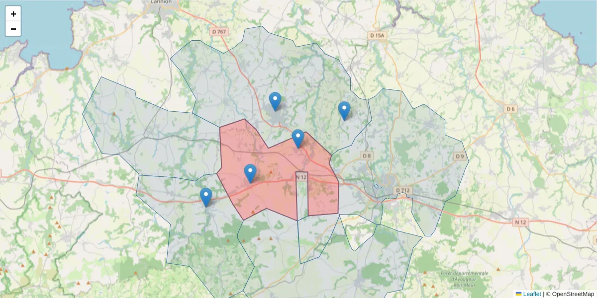 Carte de la zone du code postal  et des codes postaux voisins en France