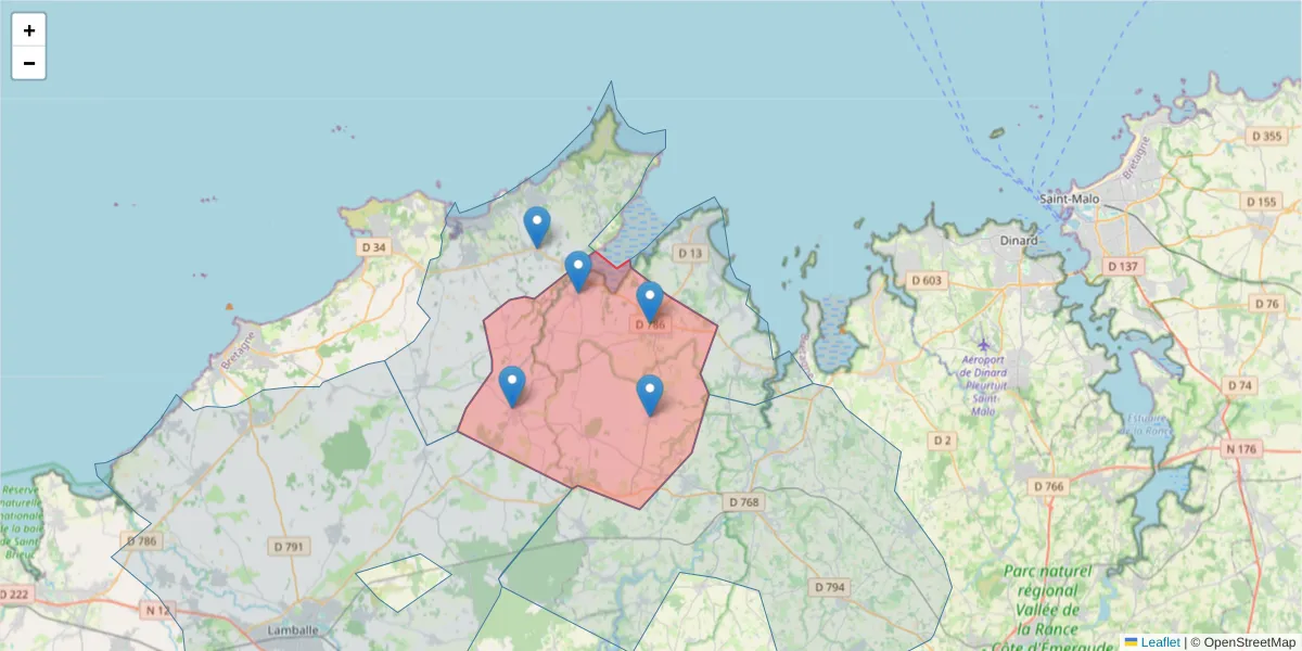 Carte de la zone du code postal  et des codes postaux voisins en France