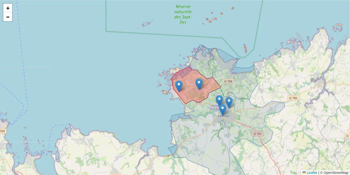 Carte de la zone du code postal  et des codes postaux voisins en France