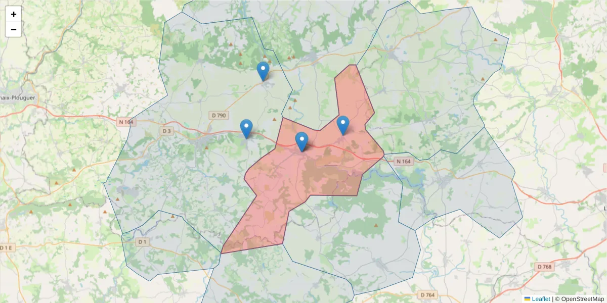 Carte de la zone du code postal  et des codes postaux voisins en France