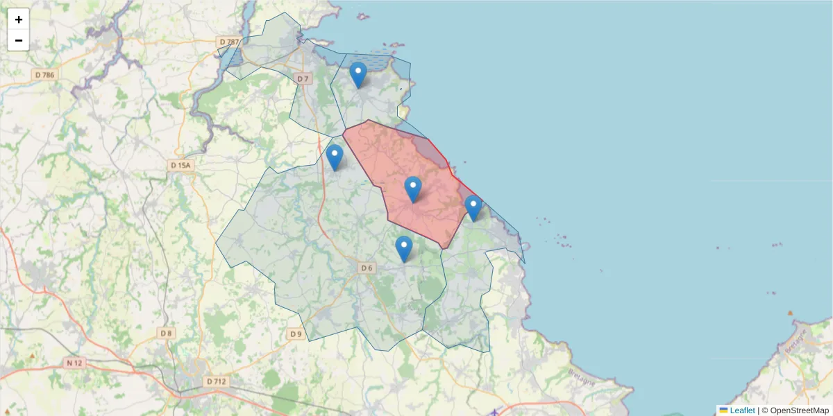 Carte de la zone du code postal  et des codes postaux voisins en France