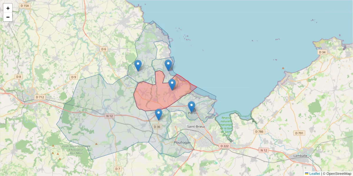 Carte de la zone du code postal  et des codes postaux voisins en France