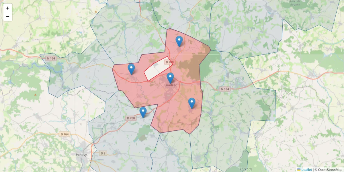 Carte de la zone du code postal  et des codes postaux voisins en France