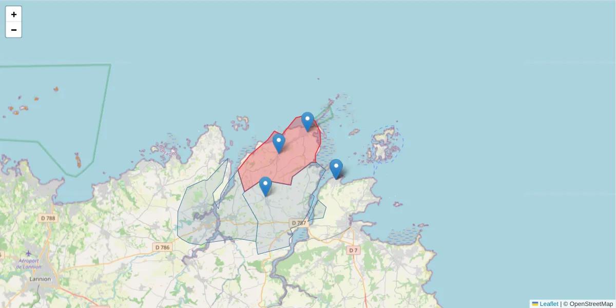 Carte de la zone du code postal  et des codes postaux voisins en France