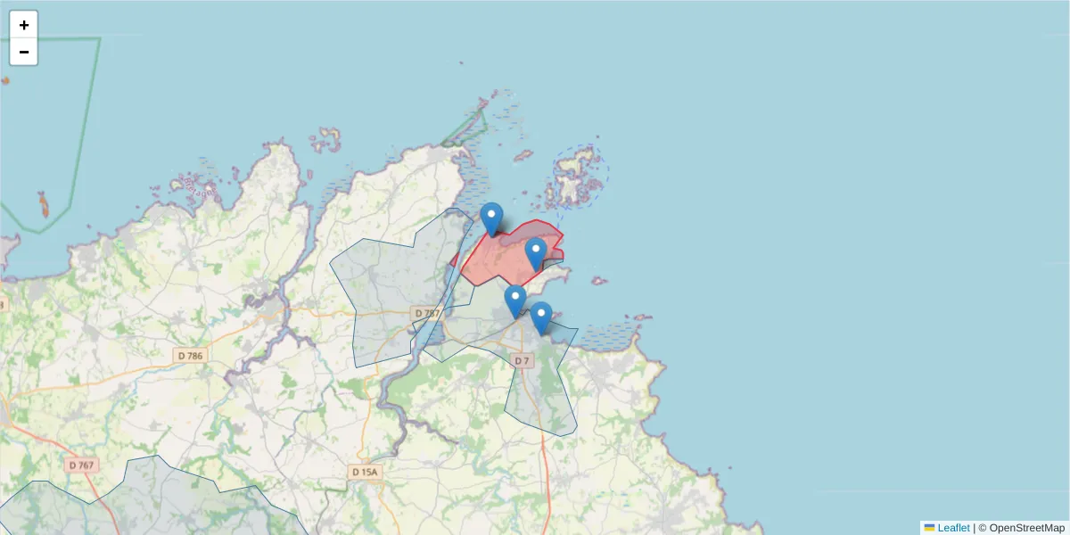 Carte de la zone du code postal  et des codes postaux voisins en France