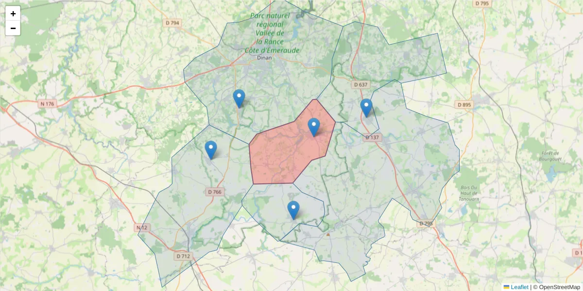 Carte de la zone du code postal  et des codes postaux voisins en France