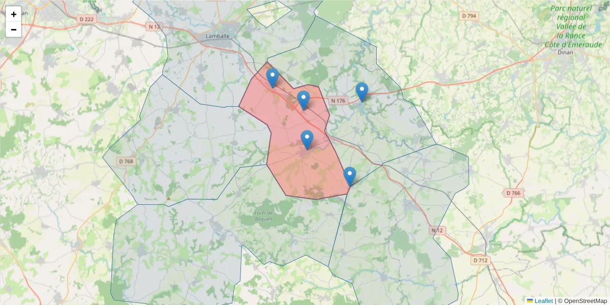 Carte de la zone du code postal  et des codes postaux voisins en France