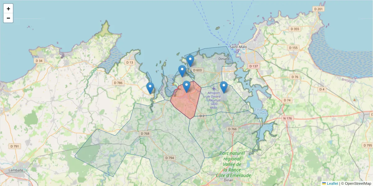 Carte de la zone du code postal  et des codes postaux voisins en France