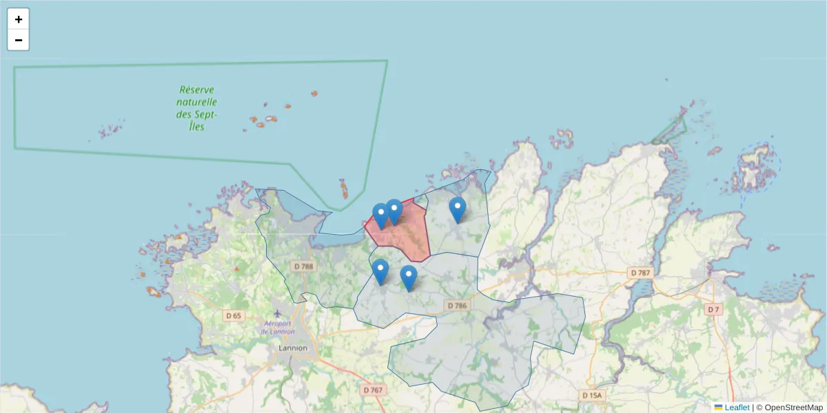 Carte de la zone du code postal  et des codes postaux voisins en France