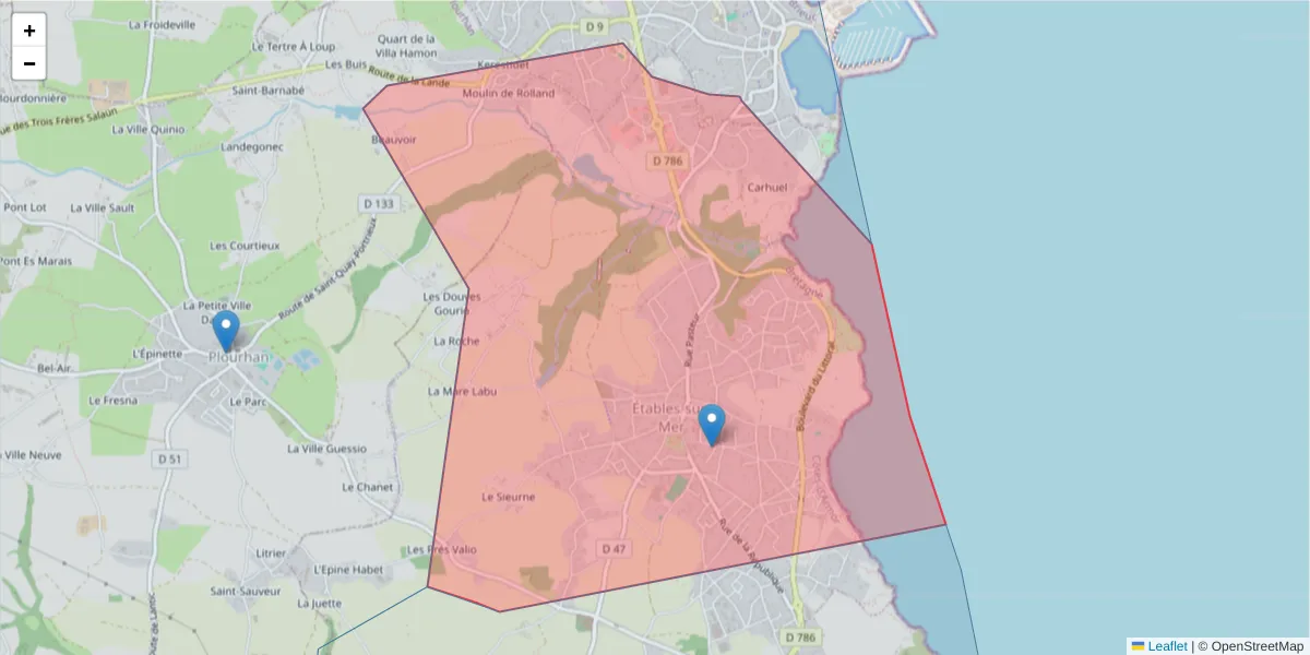 Carte de la zone du code postal  et des codes postaux voisins en France