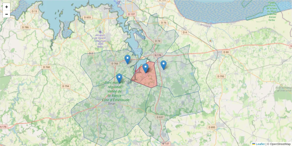 Carte de la zone du code postal  et des codes postaux voisins en France