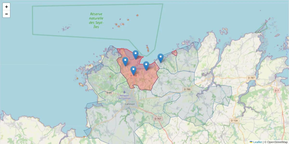 Carte de la zone du code postal  et des codes postaux voisins en France