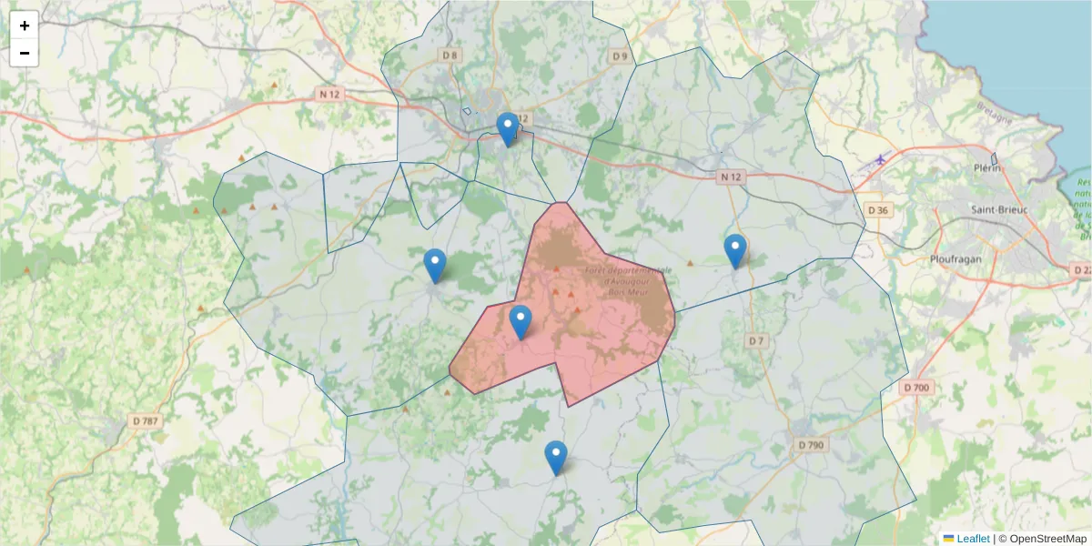 Carte de la zone du code postal  et des codes postaux voisins en France