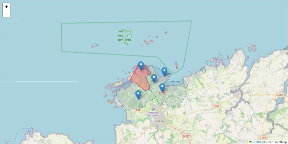 Carte de la zone du code postal  et des codes postaux voisins en France