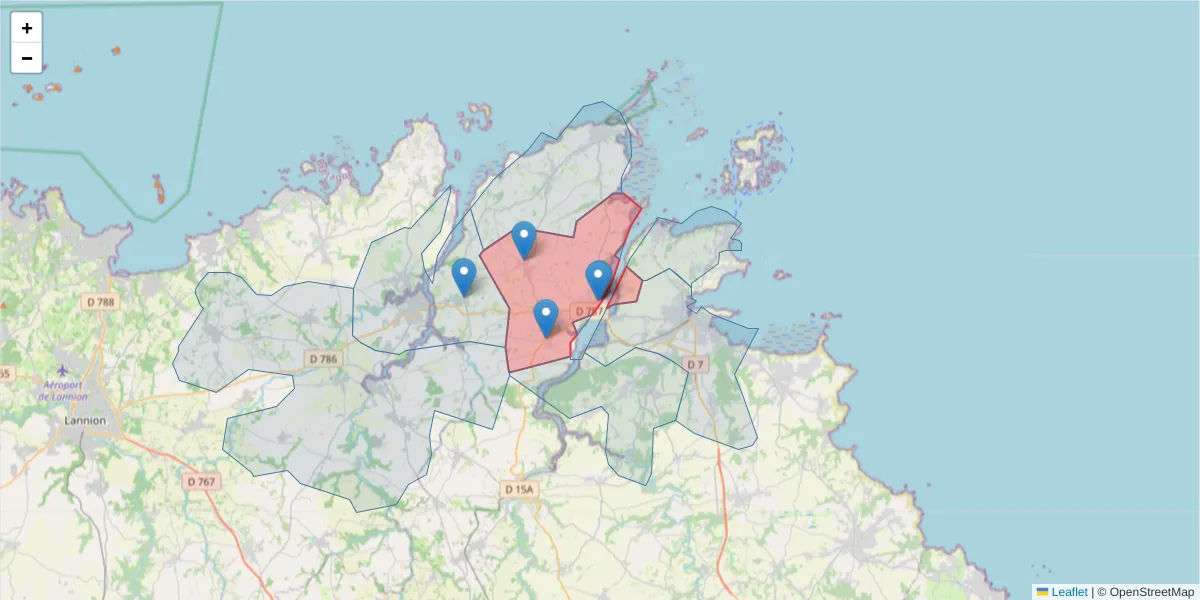 Carte de la zone du code postal  et des codes postaux voisins en France