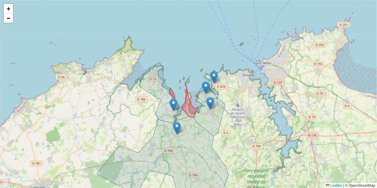 Carte de la zone du code postal  et des codes postaux voisins en France