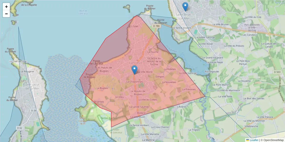 Carte de la zone du code postal  et des codes postaux voisins en France