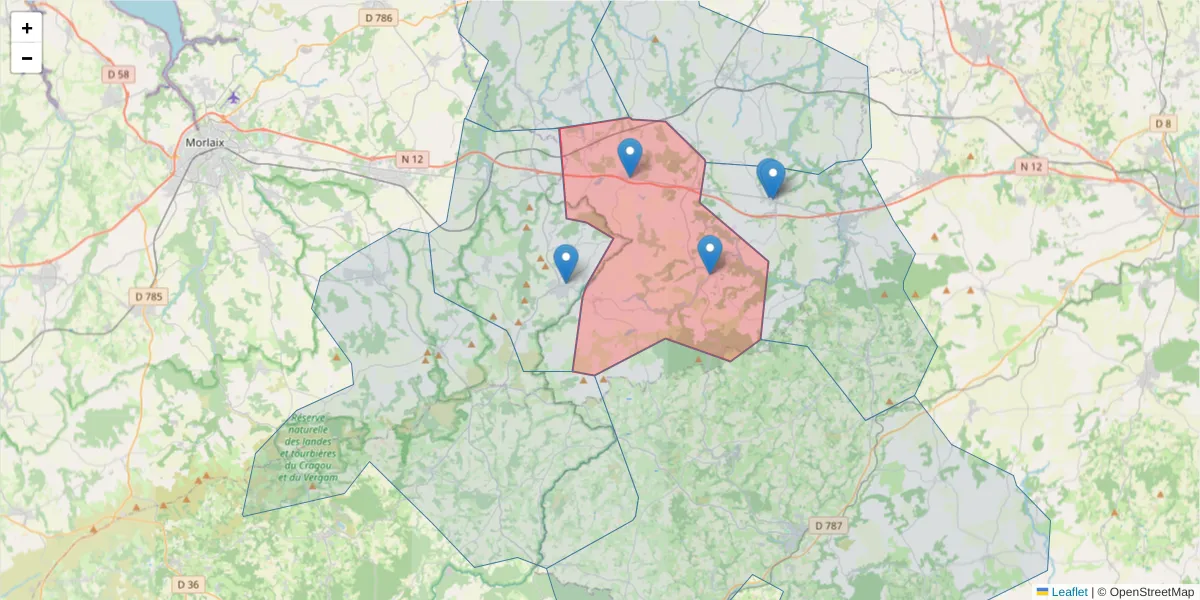 Carte de la zone du code postal  et des codes postaux voisins en France