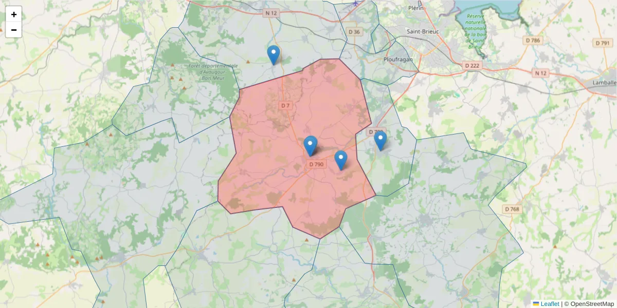 Carte de la zone du code postal  et des codes postaux voisins en France