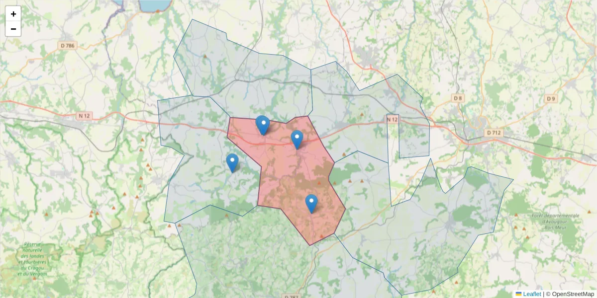 Carte de la zone du code postal  et des codes postaux voisins en France