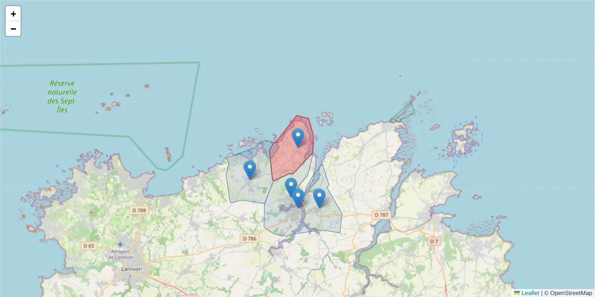 Carte de la zone du code postal  et des codes postaux voisins en France