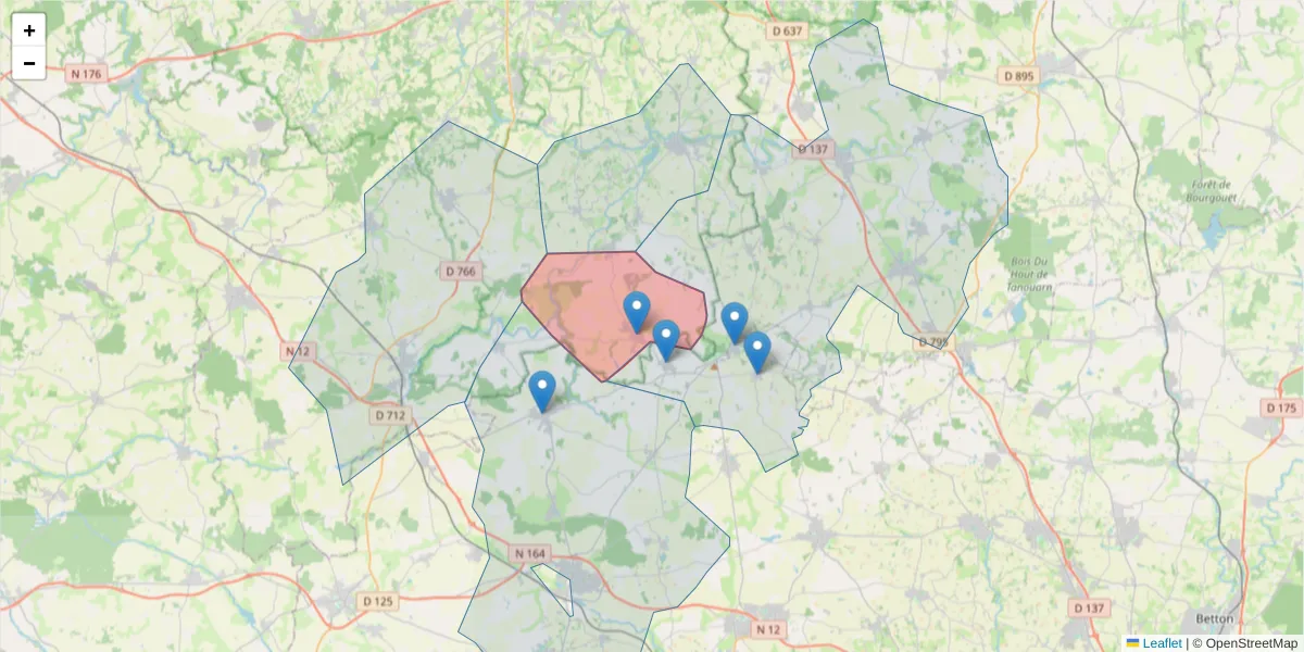Carte de la zone du code postal  et des codes postaux voisins en France