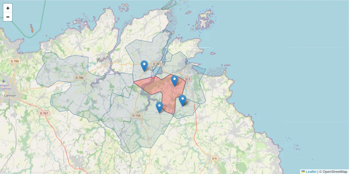 Carte de la zone du code postal  et des codes postaux voisins en France