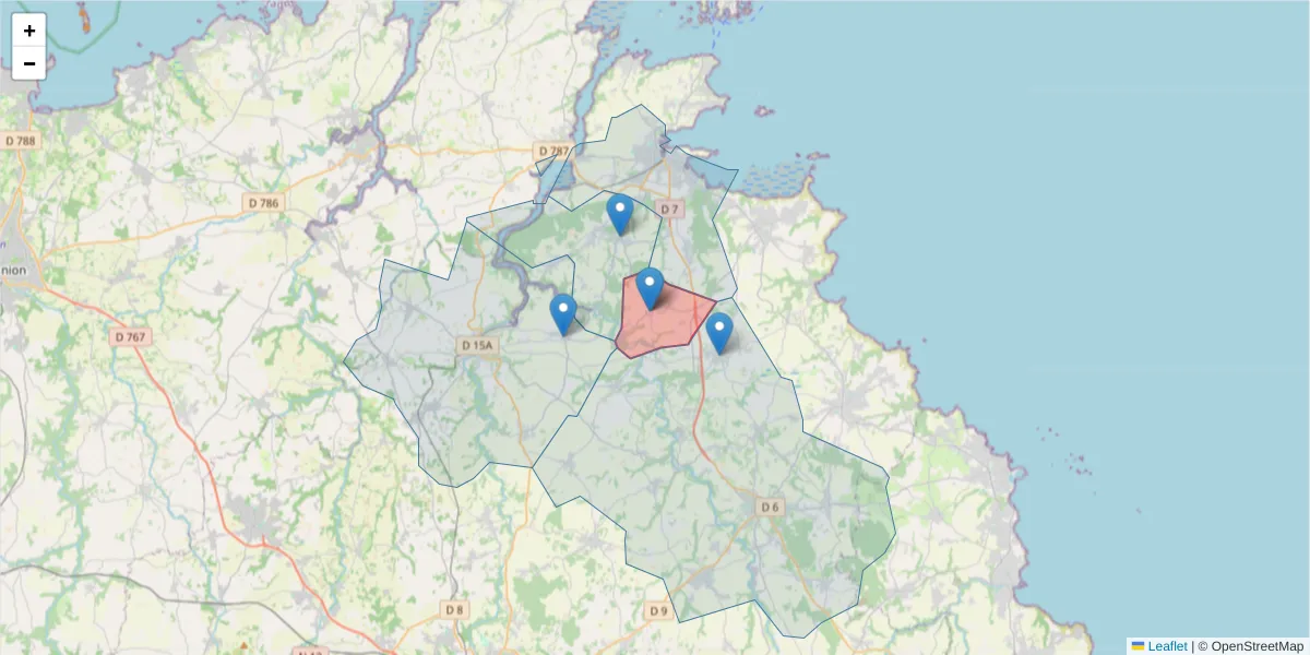 Carte de la zone du code postal  et des codes postaux voisins en France