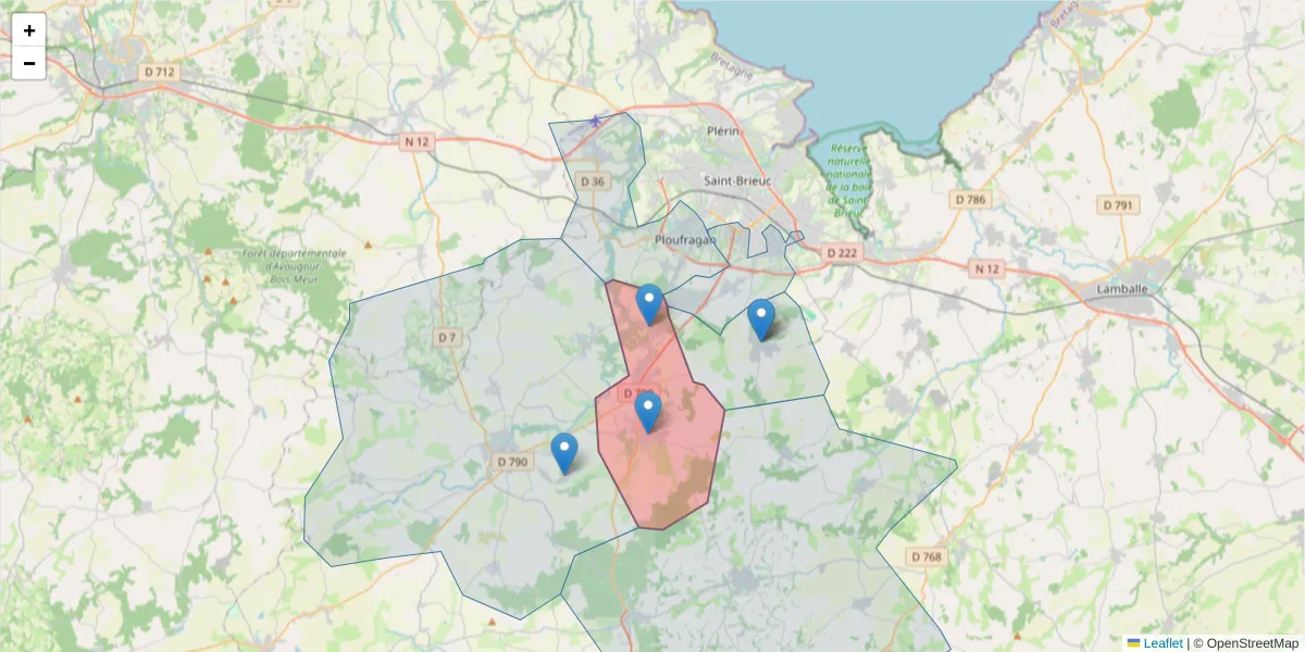 Carte de la zone du code postal  et des codes postaux voisins en France