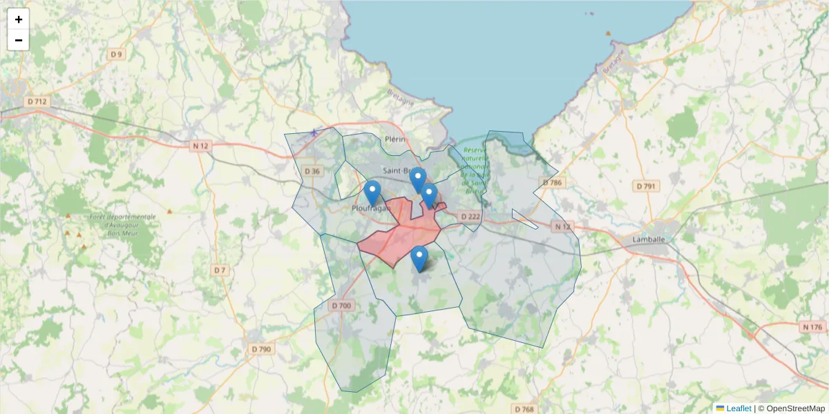 Carte de la zone du code postal  et des codes postaux voisins en France