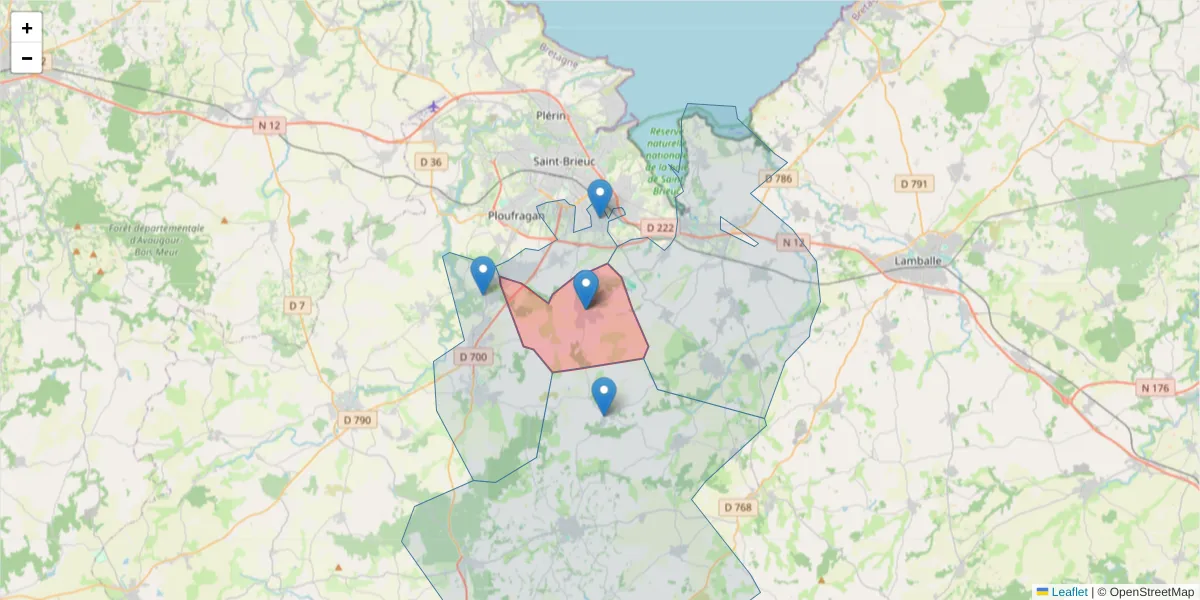 Carte de la zone du code postal  et des codes postaux voisins en France