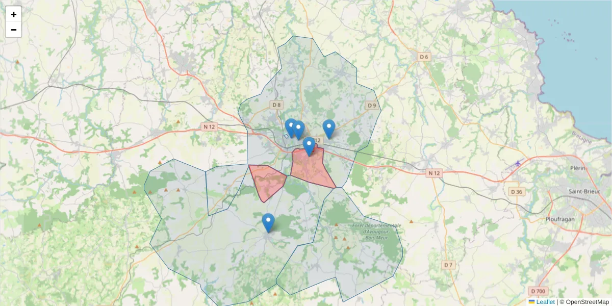Carte de la zone du code postal  et des codes postaux voisins en France