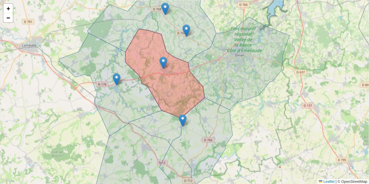 Carte de la zone du code postal  et des codes postaux voisins en France