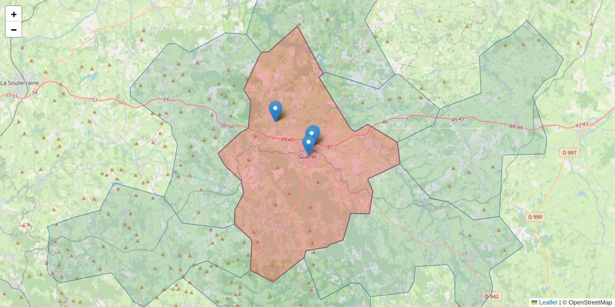 Carte de la zone du code postal  et des codes postaux voisins en France