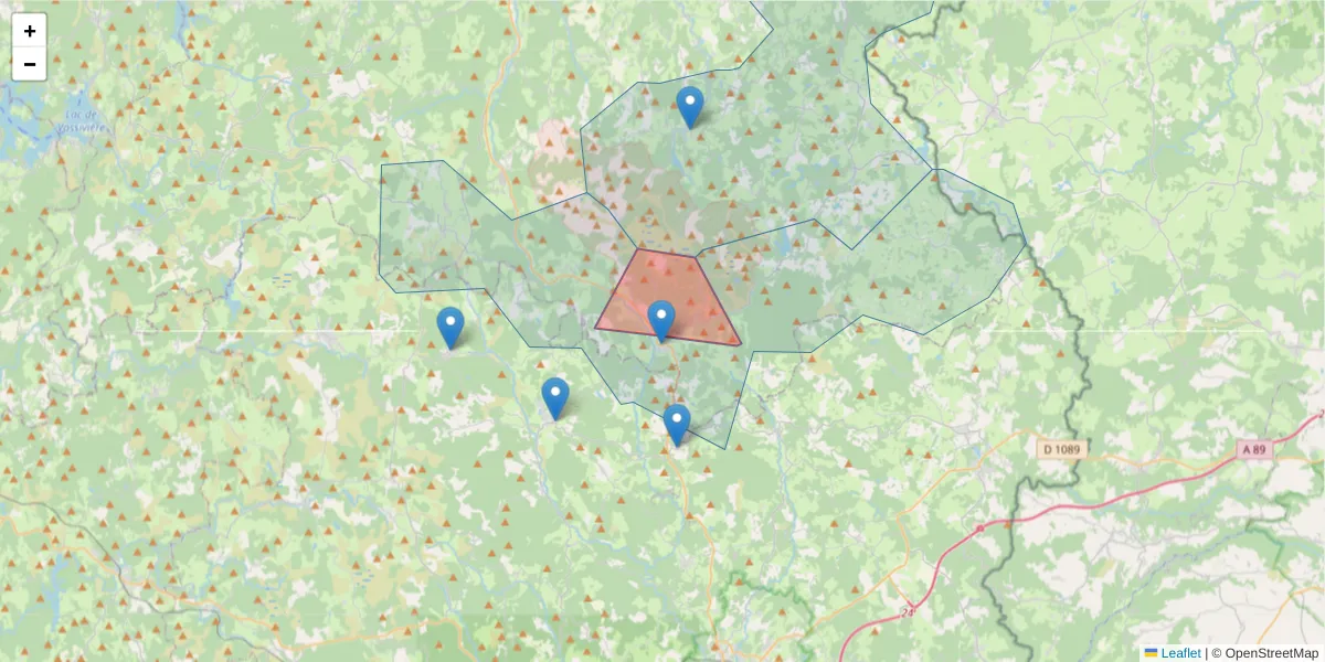 Carte de la zone du code postal  et des codes postaux voisins en France