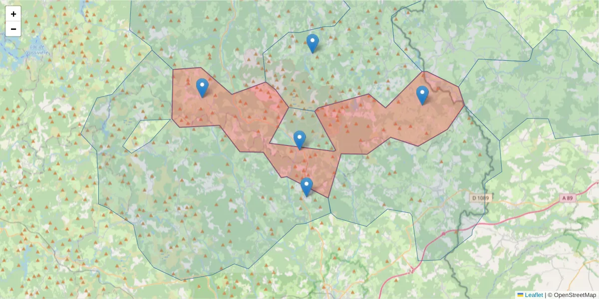 Carte de la zone du code postal  et des codes postaux voisins en France