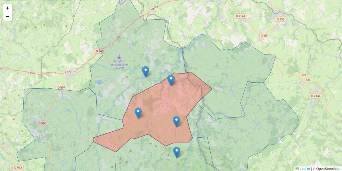 Carte de la zone du code postal  et des codes postaux voisins en France