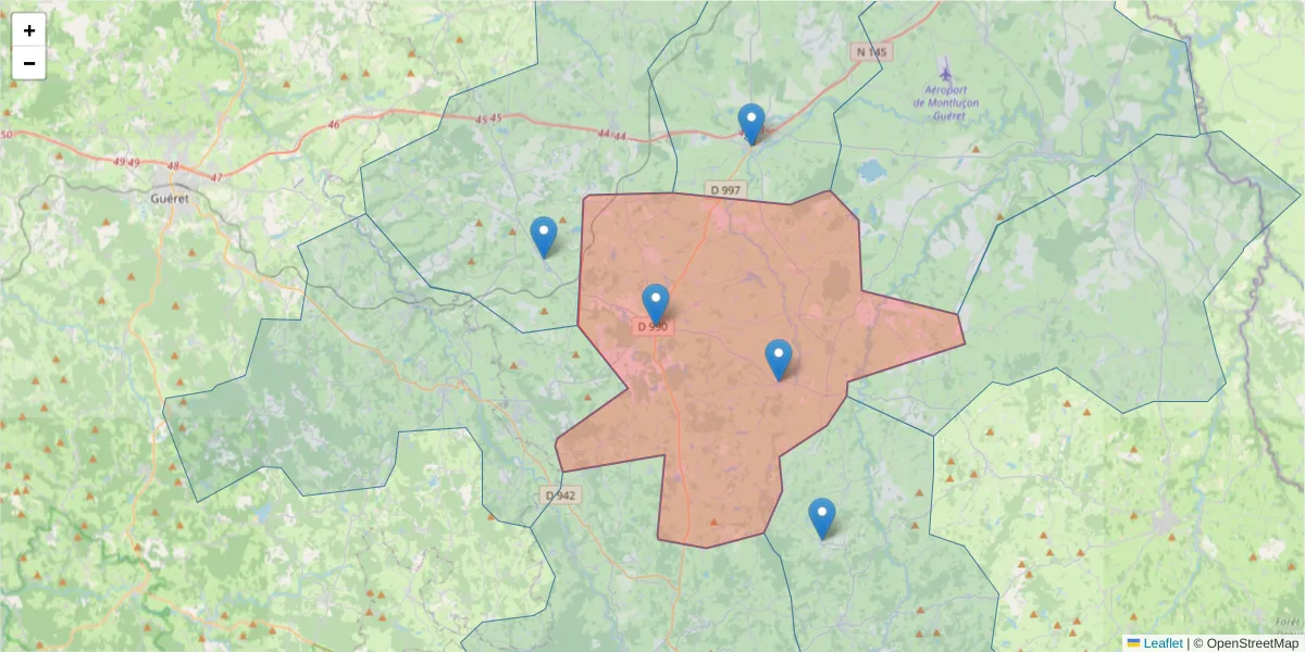 Carte de la zone du code postal  et des codes postaux voisins en France