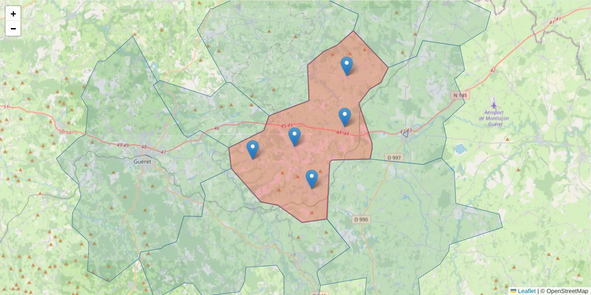 Carte de la zone du code postal  et des codes postaux voisins en France