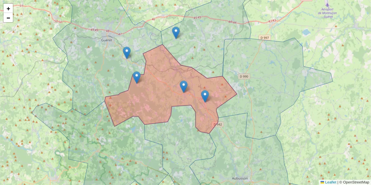 Carte de la zone du code postal  et des codes postaux voisins en France