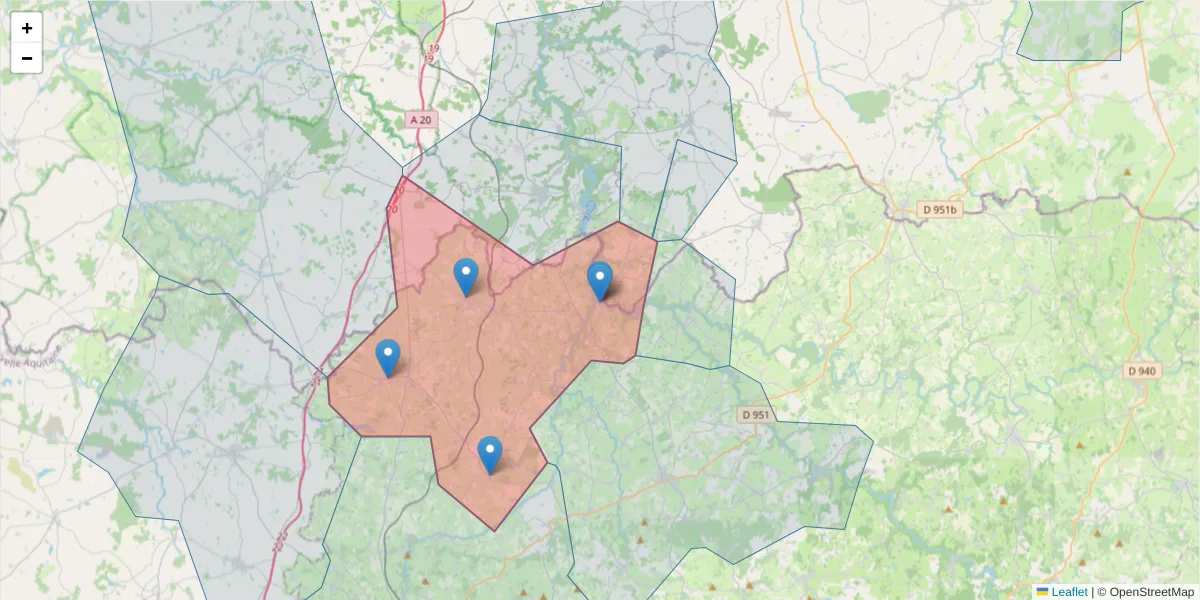 Carte de la zone du code postal  et des codes postaux voisins en France